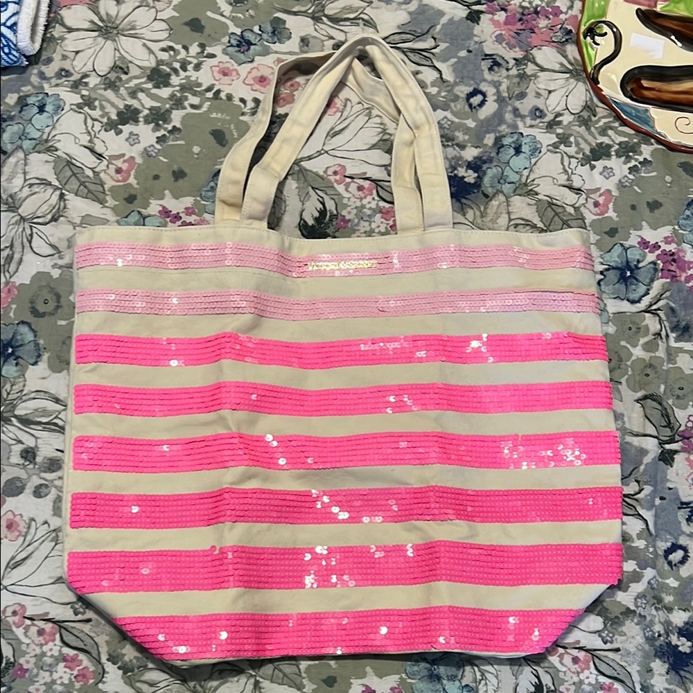 Victoria secret sequin pink Striped Tote Bag